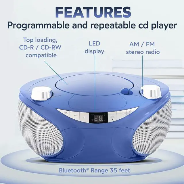 Alt view image 2 of 7 - MD6949 Portable Top Loading CD Boombox with AM/FM Stereo Radio and Bluetooth Wireless Technology in Black | CD-R/CD-RW Compatible | LED Display | (Blue)