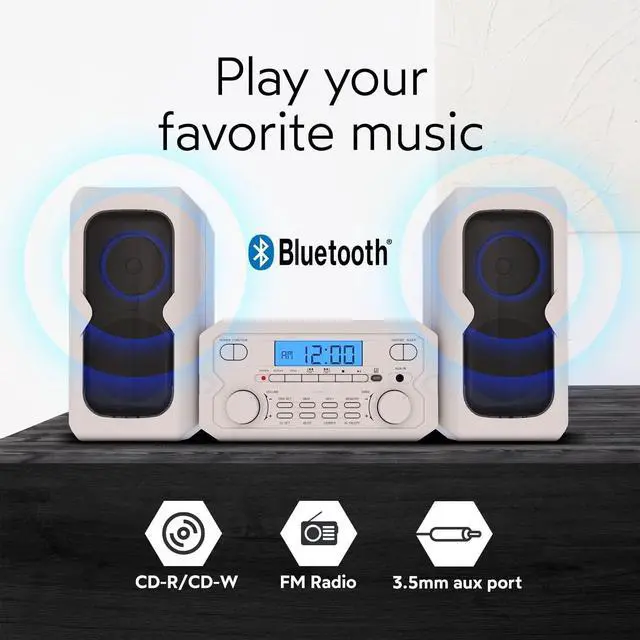 Alt view image 2 of 7 - for3-Piece Compact CD Shelf System with Digital FM Stereo Radio, Bluetooth Wireless Technology, and Remote Control in White | LCD Display | AUX Port Compatible | 2022 Version |