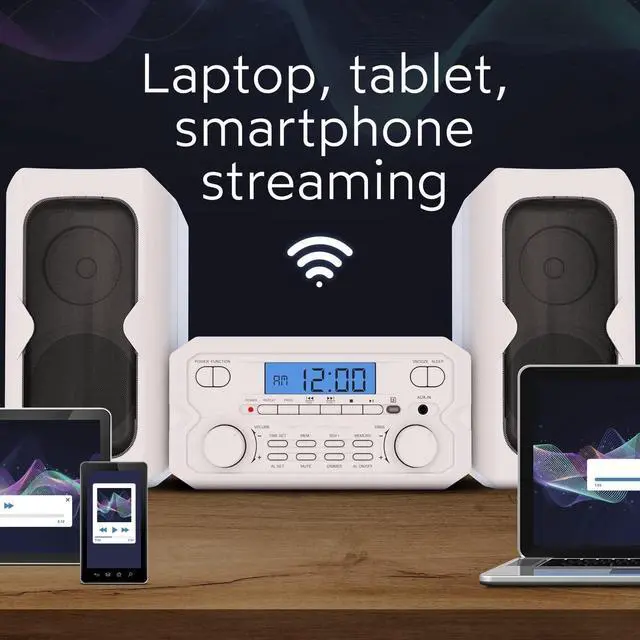 Alt view image 6 of 7 - for3-Piece Compact CD Shelf System with Digital FM Stereo Radio, Bluetooth Wireless Technology, and Remote Control in White | LCD Display | AUX Port Compatible | 2022 Version |