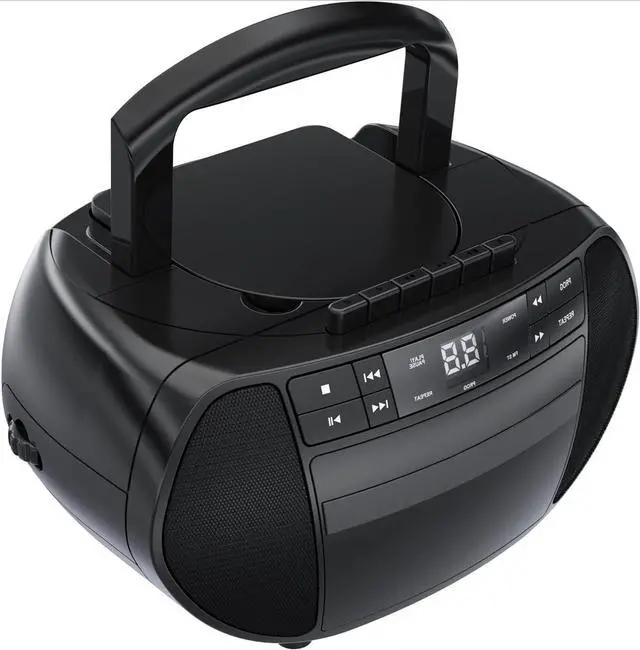 Main image of FOR-Portable Top-Loading CD Boombox with AM/FM Stereo Radio and Cassette Player/Recorder in Black | Cassette Player/Recorder | LED Display (Black)