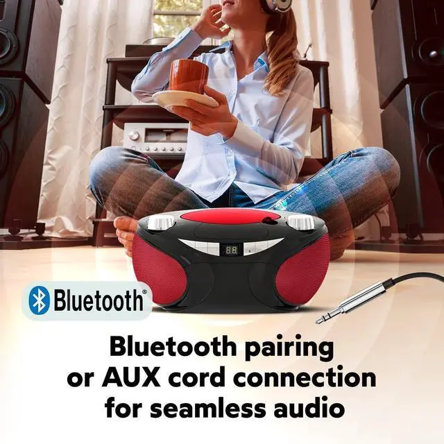 Alt view image 6 of 7 - FOR-Portable Top Loading CD Boombox with AM/FM Stereo Radio and Bluetooth Wireless Technology in Black | CD-R/CD-RW Compatible | LED Display | (Black/Red)