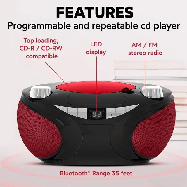 Alt view image 3 of 7 - FOR-Portable Top Loading CD Boombox with AM/FM Stereo Radio and Bluetooth Wireless Technology in Black | CD-R/CD-RW Compatible | LED Display | (Black/Red)