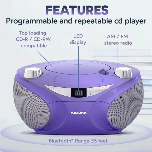 Alt view image 2 of 6 - Portable Top Loading CD Boombox with AM/FM Stereo Radio and Bluetooth Wireless Technology in Black | CD-R/CD-RW Compatible | LED Display | (Purple)