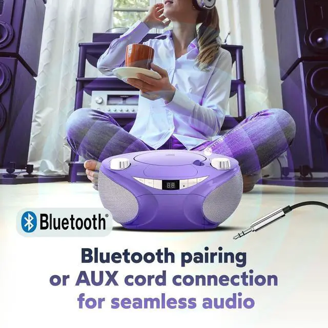 Alt view image 4 of 6 - Portable Top Loading CD Boombox with AM/FM Stereo Radio and Bluetooth Wireless Technology in Black | CD-R/CD-RW Compatible | LED Display | (Purple)
