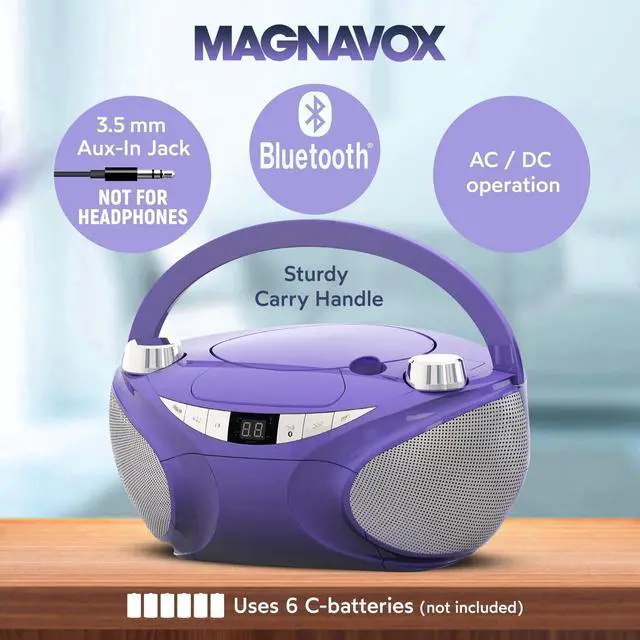 Alt view image 3 of 6 - Portable Top Loading CD Boombox with AM/FM Stereo Radio and Bluetooth Wireless Technology in Black | CD-R/CD-RW Compatible | LED Display | (Purple)