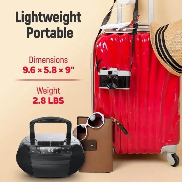 Alt view image 6 of 7 - FOR-Portable Top-Loading CD Boombox with AM/FM Stereo Radio and Cassette Player/Recorder in Black | Cassette Player/Recorder | LED Display (Black)