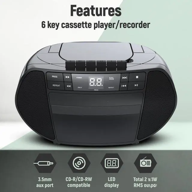 Alt view image 2 of 7 - FOR-Portable Top-Loading CD Boombox with AM/FM Stereo Radio and Cassette Player/Recorder in Black | Cassette Player/Recorder | LED Display (Black)