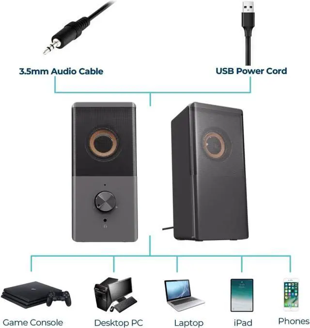 Alt view image 7 of 7 - forComputer Speaker, Compact Size Speaker with Headphone Jack, Enhanced Bass and Volume Control, Stereo 2.0 USB Powered 3.5mm Aux Multimedia Speakers for Laptop/Desktop/Tablets/Phone