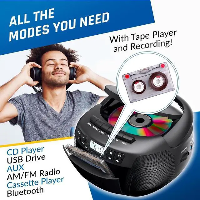 Alt view image 3 of 7 - CD + Cassette Tape Player, Bluetooth CD Boombox, AM/FM Radio, Stereo Sound, Remote, CD and Cassette Player Combo, Tape Recording, USB Drive, AUX