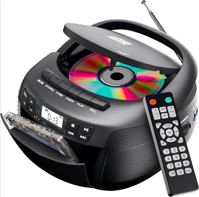 Main image of CD + Cassette Tape Player, Bluetooth CD Boombox, AM/FM Radio, Stereo Sound, Remote, CD and Cassette Player Combo, Tape Recording, USB Drive, AUX