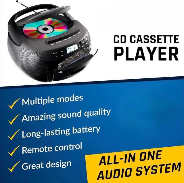 Alt view image 2 of 7 - CD + Cassette Tape Player, Bluetooth CD Boombox, AM/FM Radio, Stereo Sound, Remote, CD and Cassette Player Combo, Tape Recording, USB Drive, AUX