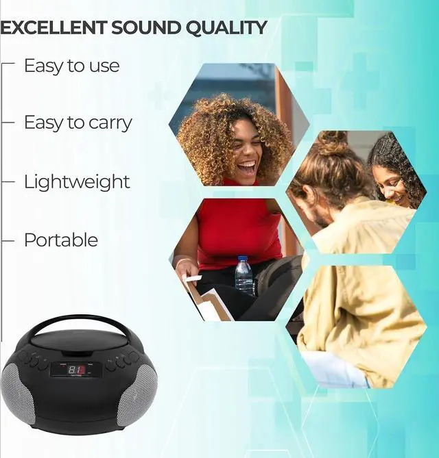Alt view image 4 of 6 - Portable CD Player Boombox with Speakers and AM FM Radio | Black Boom Box Compatible with CD-R/CD-RW and Audio CD | 3.5mm Aux Input | Stereo Sound | LED Display | AC/Battery Powered