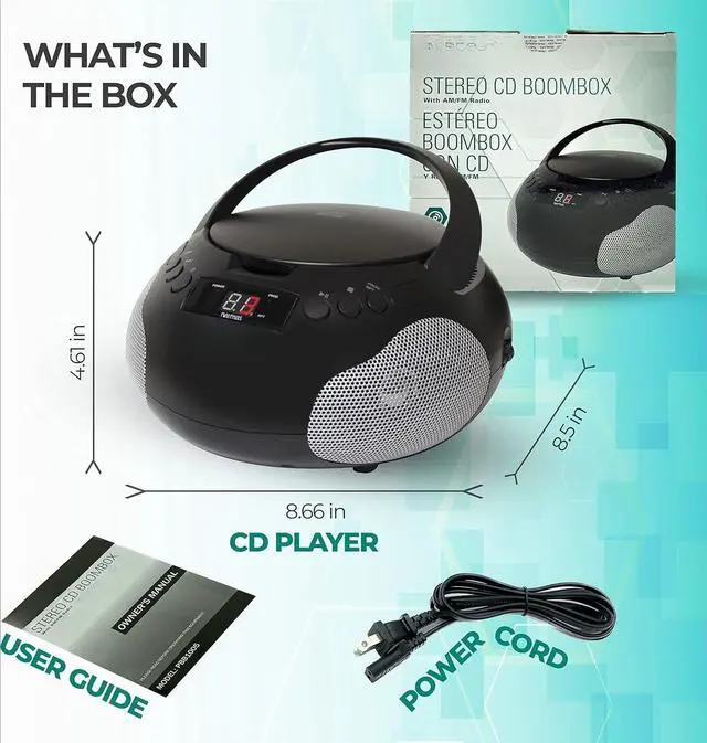 Alt view image 6 of 6 - Portable CD Player Boombox with Speakers and AM FM Radio | Black Boom Box Compatible with CD-R/CD-RW and Audio CD | 3.5mm Aux Input | Stereo Sound | LED Display | AC/Battery Powered