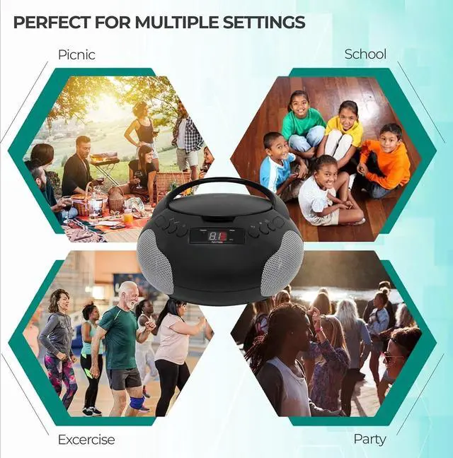 Alt view image 2 of 6 - Portable CD Player Boombox with Speakers and AM FM Radio | Black Boom Box Compatible with CD-R/CD-RW and Audio CD | 3.5mm Aux Input | Stereo Sound | LED Display | AC/Battery Powered