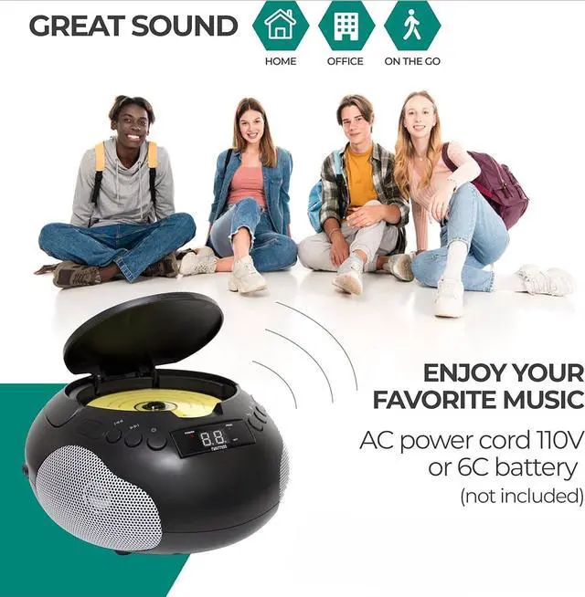 Alt view image 3 of 6 - Portable CD Player Boombox with Speakers and AM FM Radio | Black Boom Box Compatible with CD-R/CD-RW and Audio CD | 3.5mm Aux Input | Stereo Sound | LED Display | AC/Battery Powered