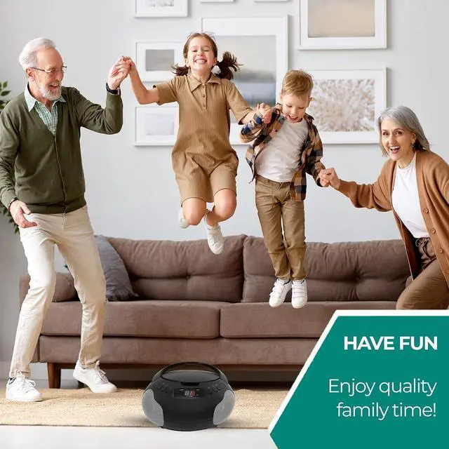 Alt view image 5 of 6 - Portable CD Player Boombox with Speakers and AM FM Radio | Black Boom Box Compatible with CD-R/CD-RW and Audio CD | 3.5mm Aux Input | Stereo Sound | LED Display | AC/Battery Powered