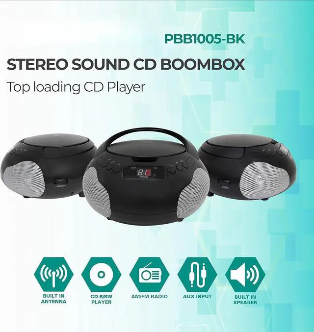 Alt view image 2 of 7 - Portable CD Player Boombox with Speakers and AM FM Radio | Black Boom Box Compatible with CD-R/CD-RW and Audio CD | 3.5mm Aux Input | Stereo Sound | LED Display | AC/Battery Powered