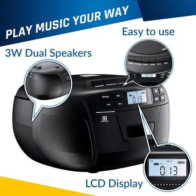 Alt view image 6 of 7 - CD + Cassette Tape Player, Bluetooth CD Boombox, AM/FM Radio, Stereo Sound, Remote, CD and Cassette Player Combo, Tape Recording, USB Drive, AUX