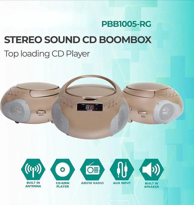 Alt view image 2 of 6 - Portable CD Player Boombox with Speakers and AM FM Radio | Rose Gold Boom Box CD Player Compatible with CD-R/CD-RW and Audio CD | 3.5mm Aux Input | Stereo Sound | LED Display