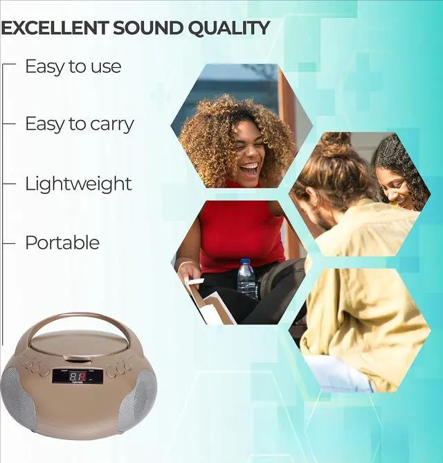 Alt view image 3 of 6 - Portable CD Player Boombox with Speakers and AM FM Radio | Rose Gold Boom Box CD Player Compatible with CD-R/CD-RW and Audio CD | 3.5mm Aux Input | Stereo Sound | LED Display