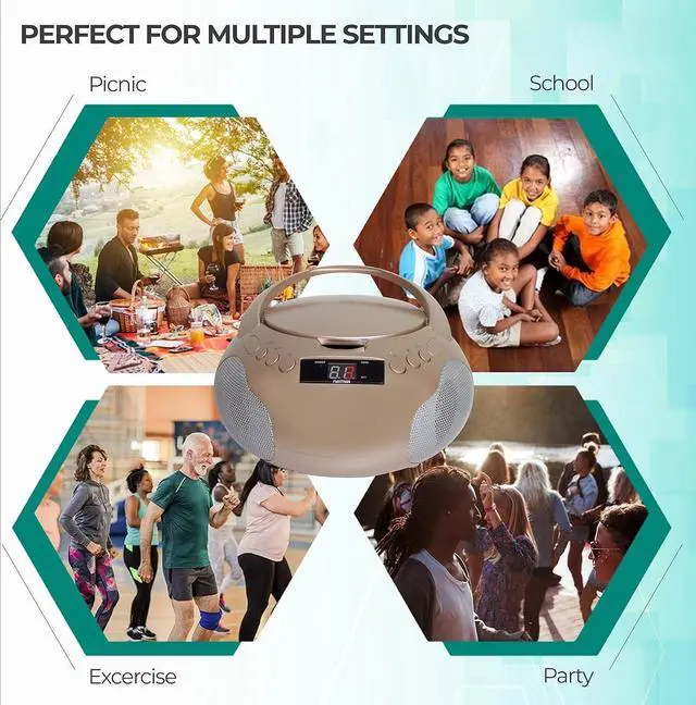 Alt view image 4 of 6 - Portable CD Player Boombox with Speakers and AM FM Radio | Rose Gold Boom Box CD Player Compatible with CD-R/CD-RW and Audio CD | 3.5mm Aux Input | Stereo Sound | LED Display