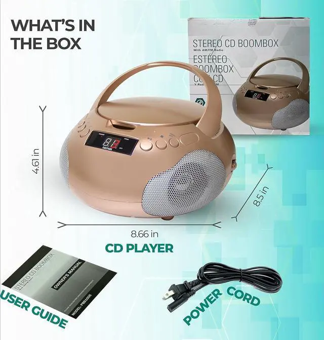 Alt view image 6 of 6 - Portable CD Player Boombox with Speakers and AM FM Radio | Rose Gold Boom Box CD Player Compatible with CD-R/CD-RW and Audio CD | 3.5mm Aux Input | Stereo Sound | LED Display