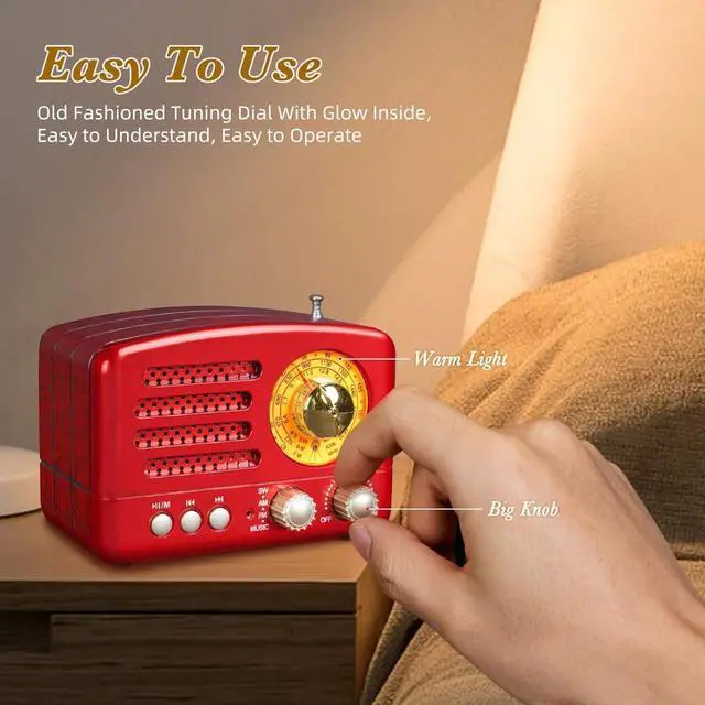 Alt view image 3 of 6 - J-160 Retro Vintage AM FM Radio with Bluetooth, USB/TF Card Playback, Small Transistor Radios Battery Operated, Rechargeable Radio(Red)