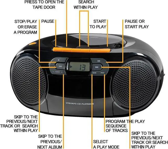 Alt view image 3 of 7 - Portable CD Player Boombox - Portable MP3 Player and Cassette Tape Player, Boom Box Compact Stereo Sound System with Dynamic Bass Boost, Take Your Music Outside with USB HiFi Music Player