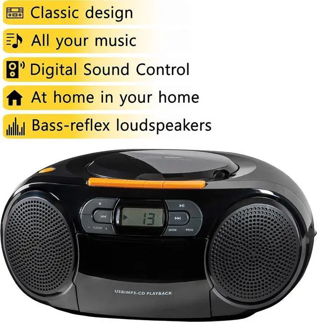 Alt view image 4 of 7 - Portable CD Player Boombox - Portable MP3 Player and Cassette Tape Player, Boom Box Compact Stereo Sound System with Dynamic Bass Boost, Take Your Music Outside with USB HiFi Music Player