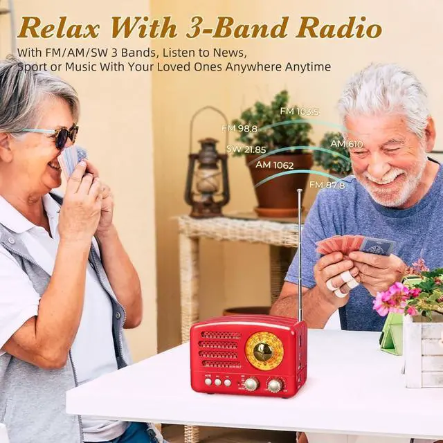 Alt view image 2 of 6 - J-160 Retro Vintage AM FM Radio with Bluetooth, USB/TF Card Playback, Small Transistor Radios Battery Operated, Rechargeable Radio(Red)