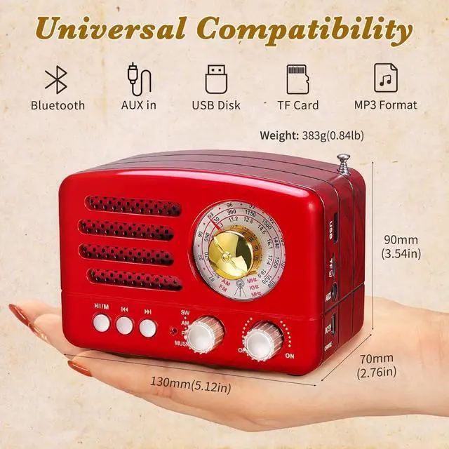 Alt view image 4 of 6 - J-160 Retro Vintage AM FM Radio with Bluetooth, USB/TF Card Playback, Small Transistor Radios Battery Operated, Rechargeable Radio(Red)