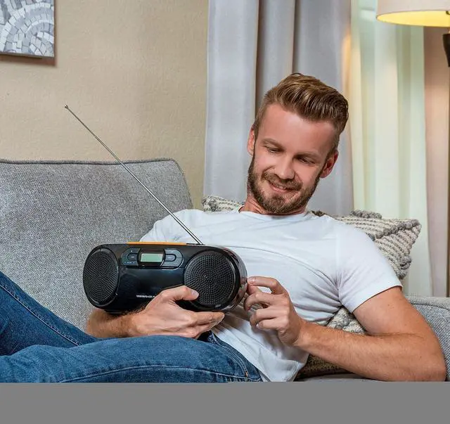 Alt view image 7 of 7 - Portable CD Player Boombox - Portable MP3 Player and Cassette Tape Player, Boom Box Compact Stereo Sound System with Dynamic Bass Boost, Take Your Music Outside with USB HiFi Music Player