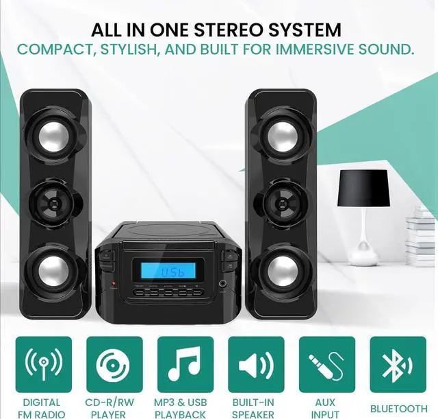 Alt view image 2 of 7 - FOR-Stereo Shelf Systems Compact CD Shelf System with Digital FM Stereo Radio, Bluetooth Wireless Technology, and Remote Control in Black | LCD Display | MP3 & AUX Port Compatible | USB Playback
