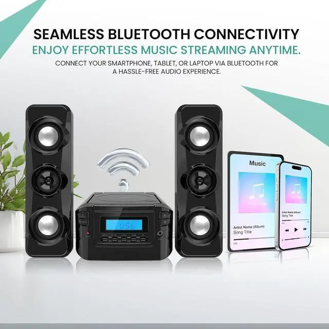 Alt view image 3 of 7 - FOR-Stereo Shelf Systems Compact CD Shelf System with Digital FM Stereo Radio, Bluetooth Wireless Technology, and Remote Control in Black | LCD Display | MP3 & AUX Port Compatible | USB Playback