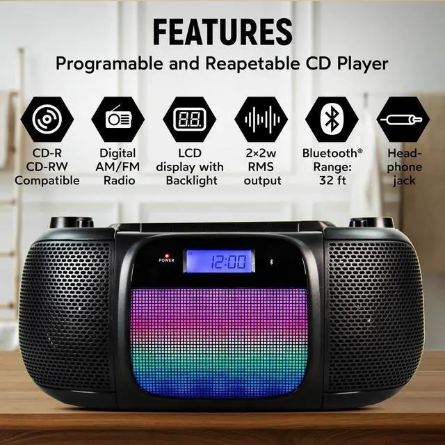 Alt view image 3 of 7 - MD6972 Portable Top Loading CD Boombox with Digital AM/FM Stereo Radio, Color Changing Lights, and Bluetooth Wireless Technology | CD-R/CD-RW Compatible | LCD Display |