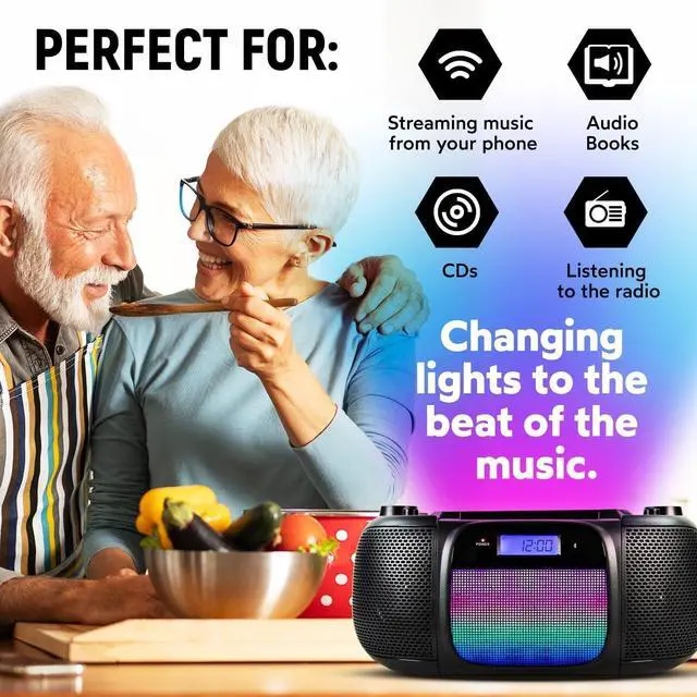 Alt view image 7 of 7 - MD6972 Portable Top Loading CD Boombox with Digital AM/FM Stereo Radio, Color Changing Lights, and Bluetooth Wireless Technology | CD-R/CD-RW Compatible | LCD Display |