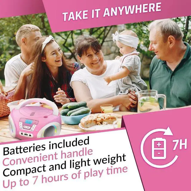 Alt view image 4 of 5 - Candy Kids CD Player for Children - FM Radio - Includes Batteries - Pink - Boombox Portable - CD Player Children - with Speakers, Toddlers (Pink)