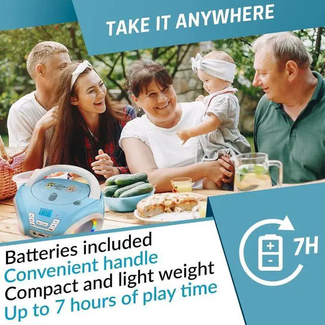 Alt view image 5 of 6 - Candy Kids CD Player for Children - FM Radio - Includes Batteries - Boombox Portable - CD Player Children - with Speakers, Toddlers (Blue)