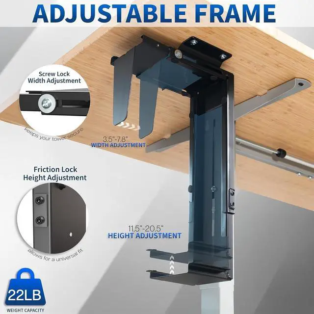 Alt view image 4 of 7 - Adjustable Under Desk and Wall 3.5 to 7.8 inch Wide Office PC Mount, Computer Case CPU Machine Holder Stand with Swivel and Secure Locking, Holds 22 lbs, Black, MOUNT-PC01