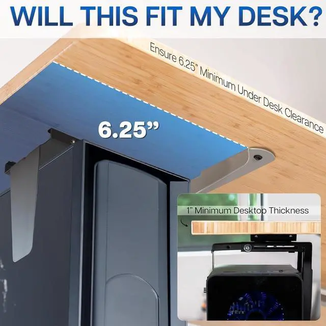 Alt view image 6 of 7 - Adjustable Under Desk and Wall 3.5 to 7.8 inch Wide Office PC Mount, Computer Case CPU Machine Holder Stand with Swivel and Secure Locking, Holds 22 lbs, Black, MOUNT-PC01