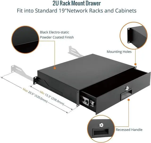 Alt view image 4 of 7 - 2U Rack Drawer,Rack Mount Drawer for 19in Network Equipment/Server/AV Rack or Cabinet Enclosure,Sliding and Lockable Server Rack Drawer - Load-Bearing 44lb (20kg),with Cable Management Holes