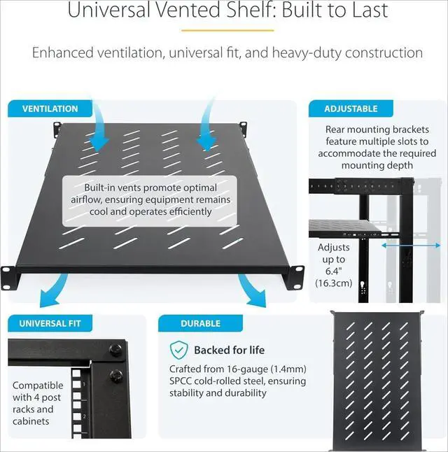 Alt view image 3 of 6 - 1U 4-Post Server Rack Shelf, Vented, Adjustable Mounting Depth (28-34.4in/71.1-87.3cm), 150lb (68kg) Capacity