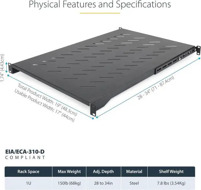 Alt view image 5 of 6 - 1U 4-Post Server Rack Shelf, Vented, Adjustable Mounting Depth (28-34.4in/71.1-87.3cm), 150lb (68kg) Capacity
