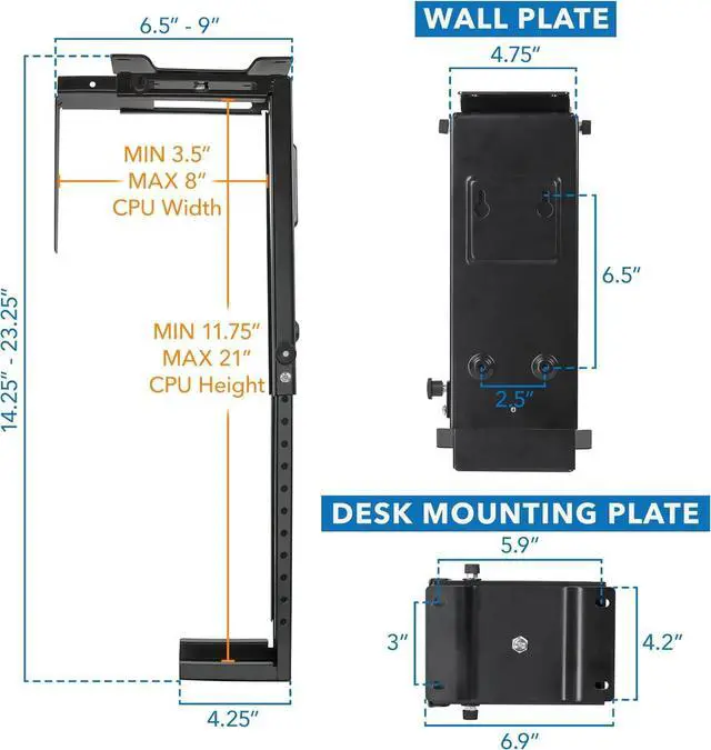 Alt view image 7 of 7 - CPU Under Desk Mount Bracket - Computer Tower Wall and Under Counter Holder, 360 Degree Swivel Adjustable Height and Width Wall-Mountable