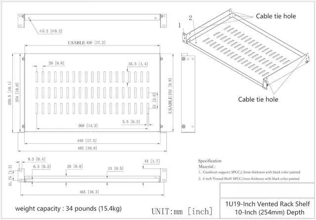 Alt view image 2 of 7 - 2 Pack of 1U Disassembled Vented Cantilever Server Rack Mount Shelf 10" (254mm) Deep for 19" Network Cabinet or Equipment Rack (10V2PC)