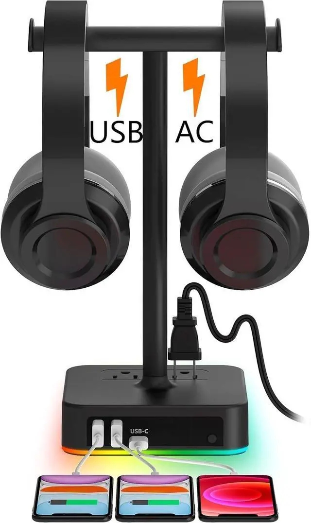 Main image of FOR-RGB Dual Headphone Stand with USB C Charger Desk Gaming Double Headset Holder Hanger Rack with 3 USB Charging Port and 2 Outlet - Suitable for Gamer Desktop Table Game Earphone Accessories Gift