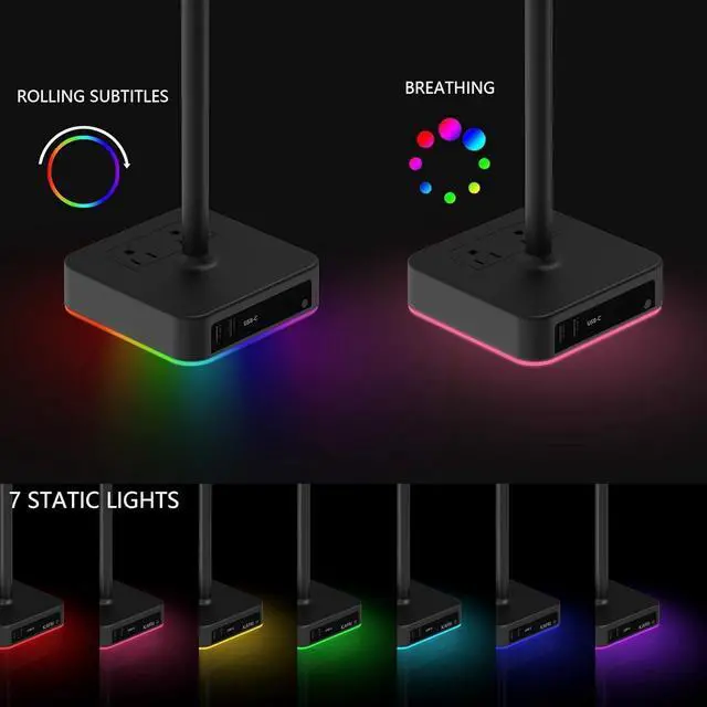 Alt view image 2 of 7 - FOR-RGB Dual Headphone Stand with USB C Charger Desk Gaming Double Headset Holder Hanger Rack with 3 USB Charging Port and 2 Outlet - Suitable for Gamer Desktop Table Game Earphone Accessories Gift