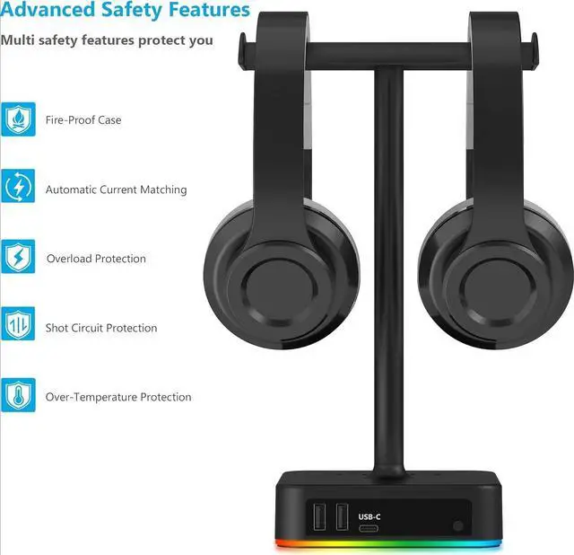 Alt view image 6 of 7 - FOR-RGB Dual Headphone Stand with USB C Charger Desk Gaming Double Headset Holder Hanger Rack with 3 USB Charging Port and 2 Outlet - Suitable for Gamer Desktop Table Game Earphone Accessories Gift