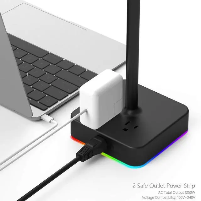 Alt view image 4 of 7 - FOR-RGB Dual Headphone Stand with USB C Charger Desk Gaming Double Headset Holder Hanger Rack with 3 USB Charging Port and 2 Outlet - Suitable for Gamer Desktop Table Game Earphone Accessories Gift