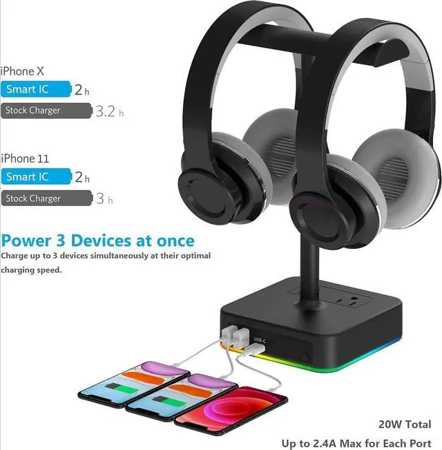 Alt view image 3 of 7 - FOR-RGB Dual Headphone Stand with USB C Charger Desk Gaming Double Headset Holder Hanger Rack with 3 USB Charging Port and 2 Outlet - Suitable for Gamer Desktop Table Game Earphone Accessories Gift
